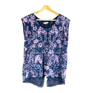 Rebecca Taylor Silk Floral Top Split Back Blue Pink Sz 8
